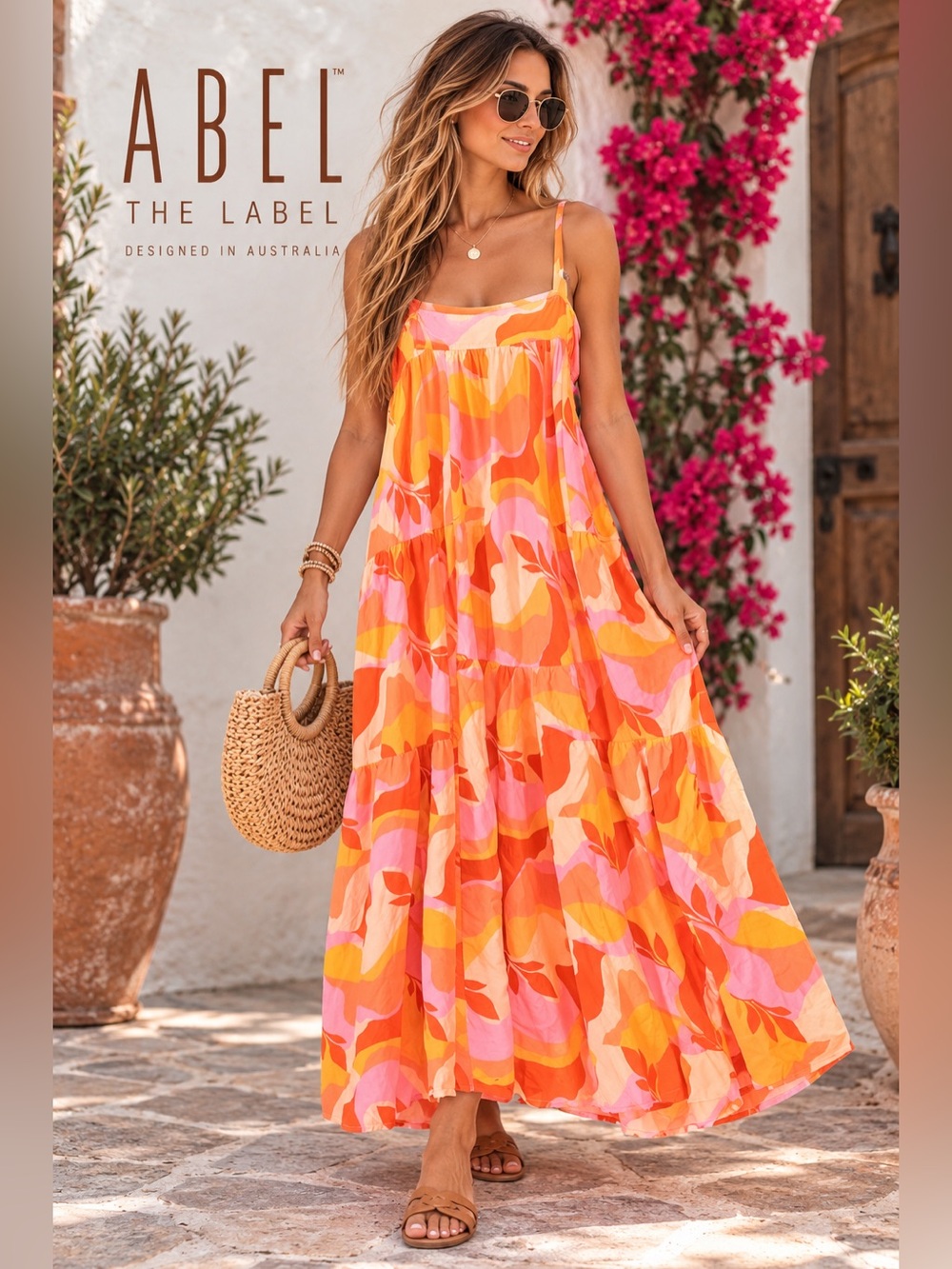 Abel the Label Maxi Dress M Orange Pink Abstract Floral Tiered Resort Boho